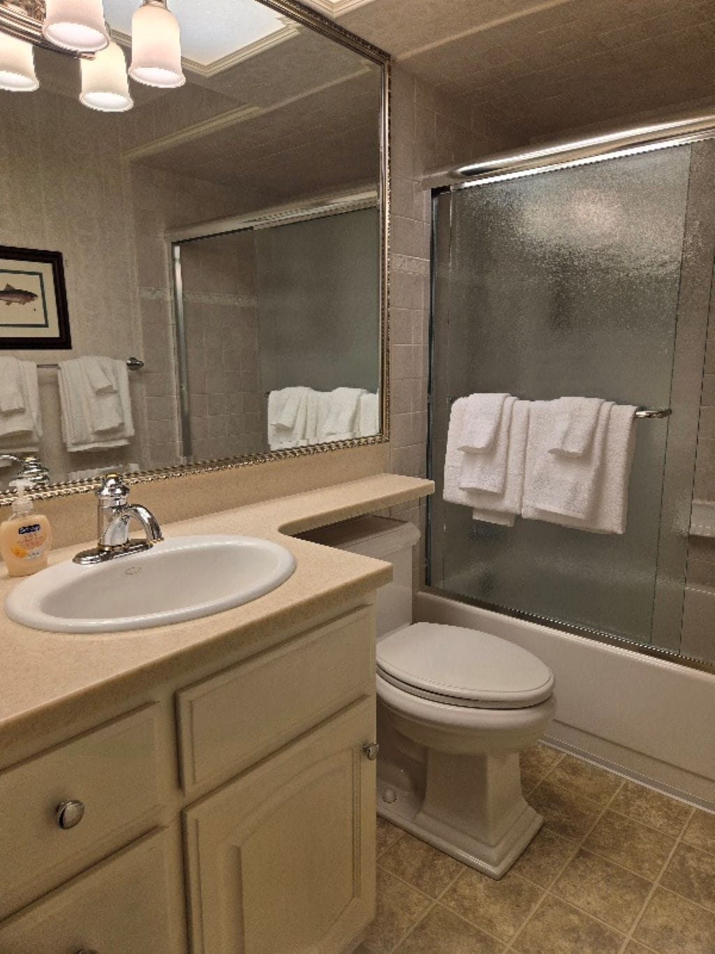 Un baño con lavamanos, espejo, inodoro y ducha.