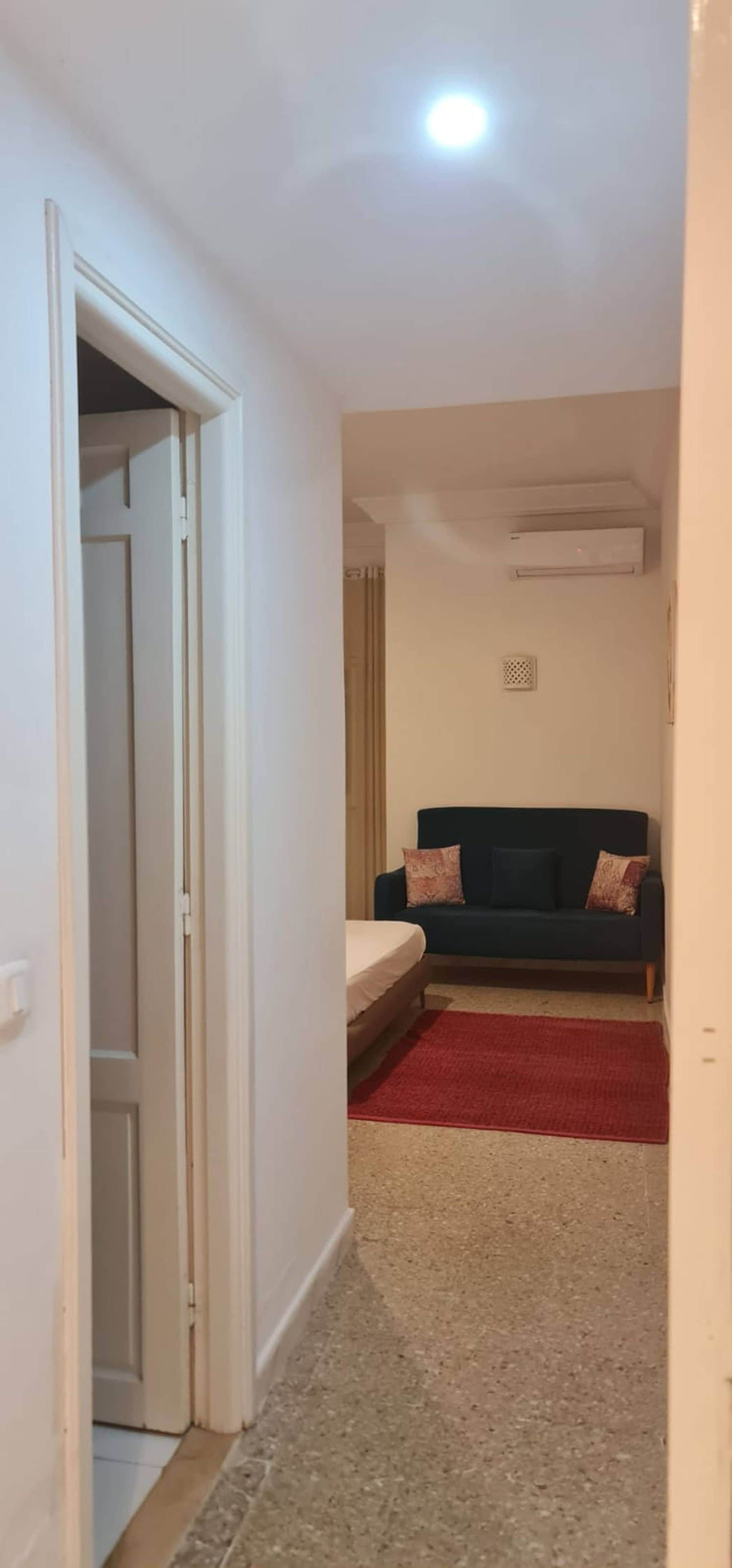 A hallway leading to a living area with a sofa and a red rug.