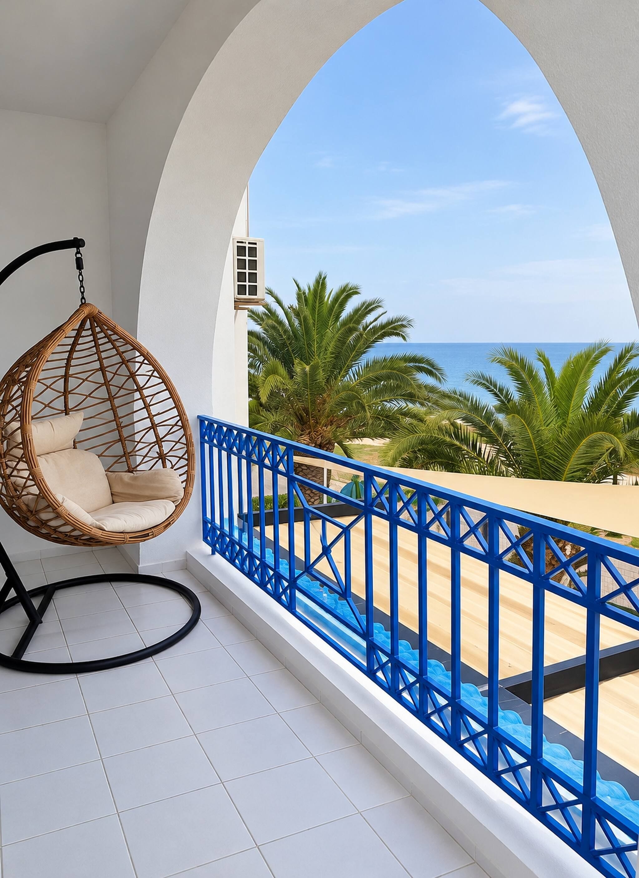 Un balcón con una silla colgante, barandal azul y vista al océano.