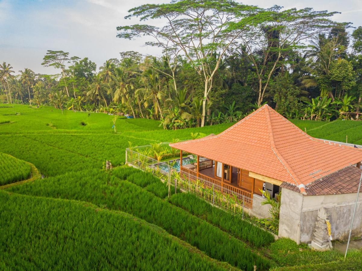 Uma casa com telhado cerâmico, rodeada por campos verdes e árvores.