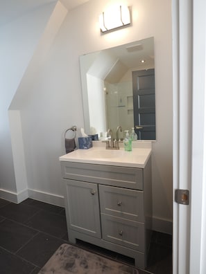 A bathroom with a white vanity, a large mirror, and a shower visible through the glass door. - Downtown Cary Park View Bungalow (Cary)
