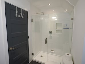 Ein modernes Badezimmer mit einer Duschkabine, einer Toilette und einer dunklen Tür.