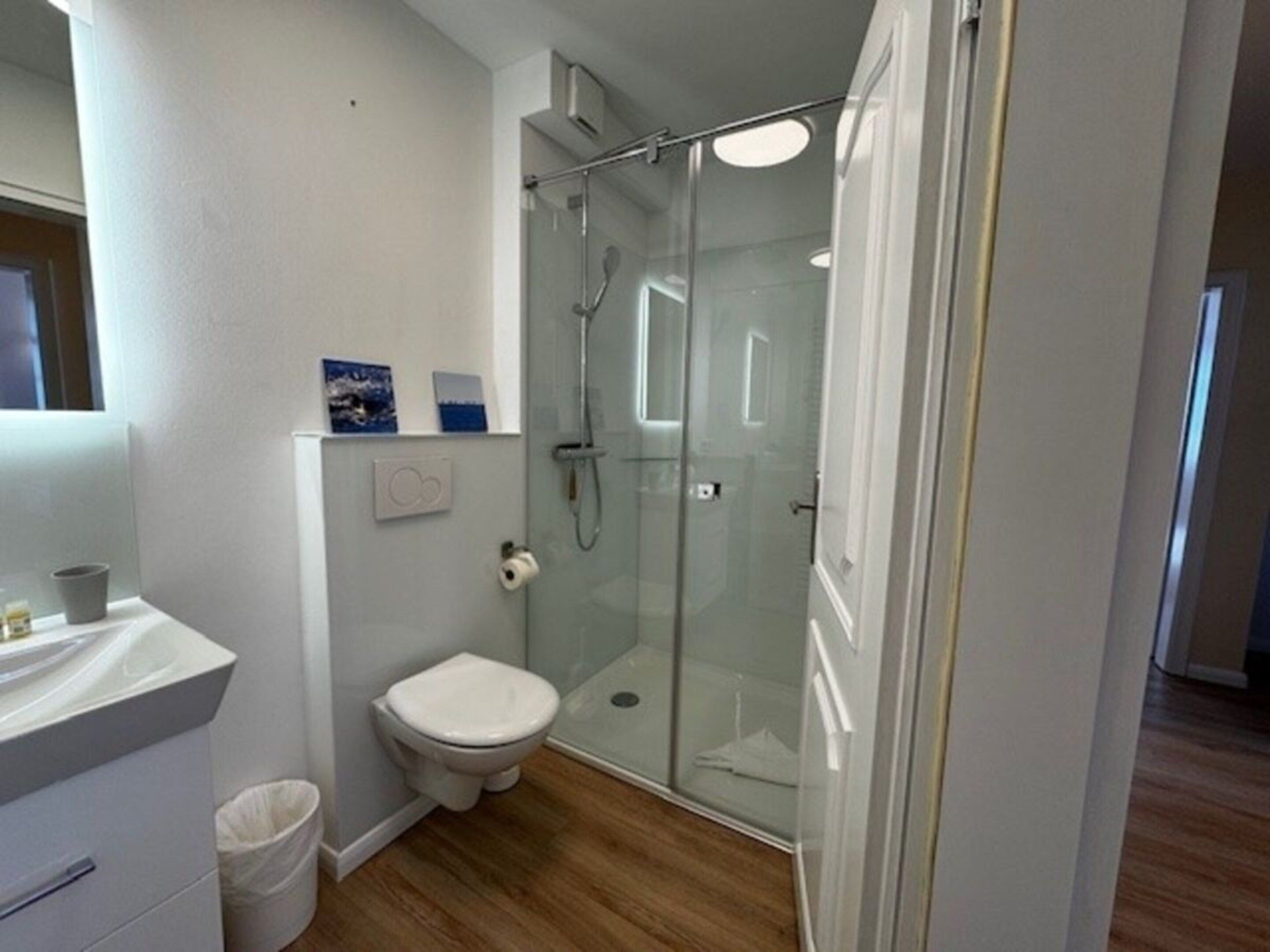 A bathroom with a glass-enclosed shower, a toilet, and a sink with a mirror.