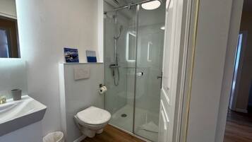 A bathroom with a glass-enclosed shower, a toilet, and a sink with a mirror.