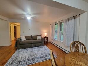 A living room with a ceiling fan, a sofa, a table with a lamp, a window with curtains, and a patterned rug. - Peaceful 1-bedroom apartment 
12 min from Manchester & Close to Ski Mountains (Arlington)