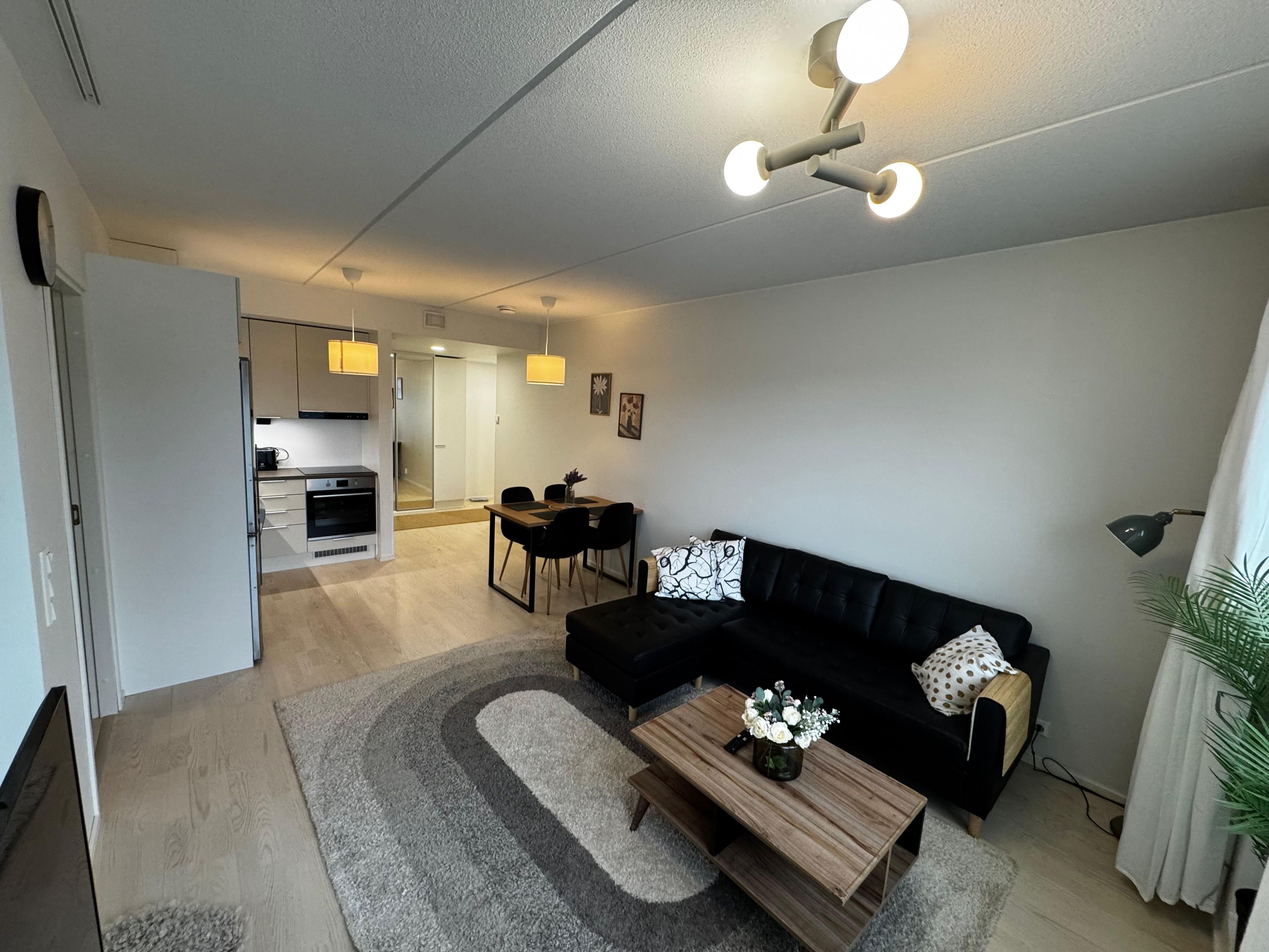 A modern living room with a black sofa, a wooden coffee table, and a dining area with a table and chairs.