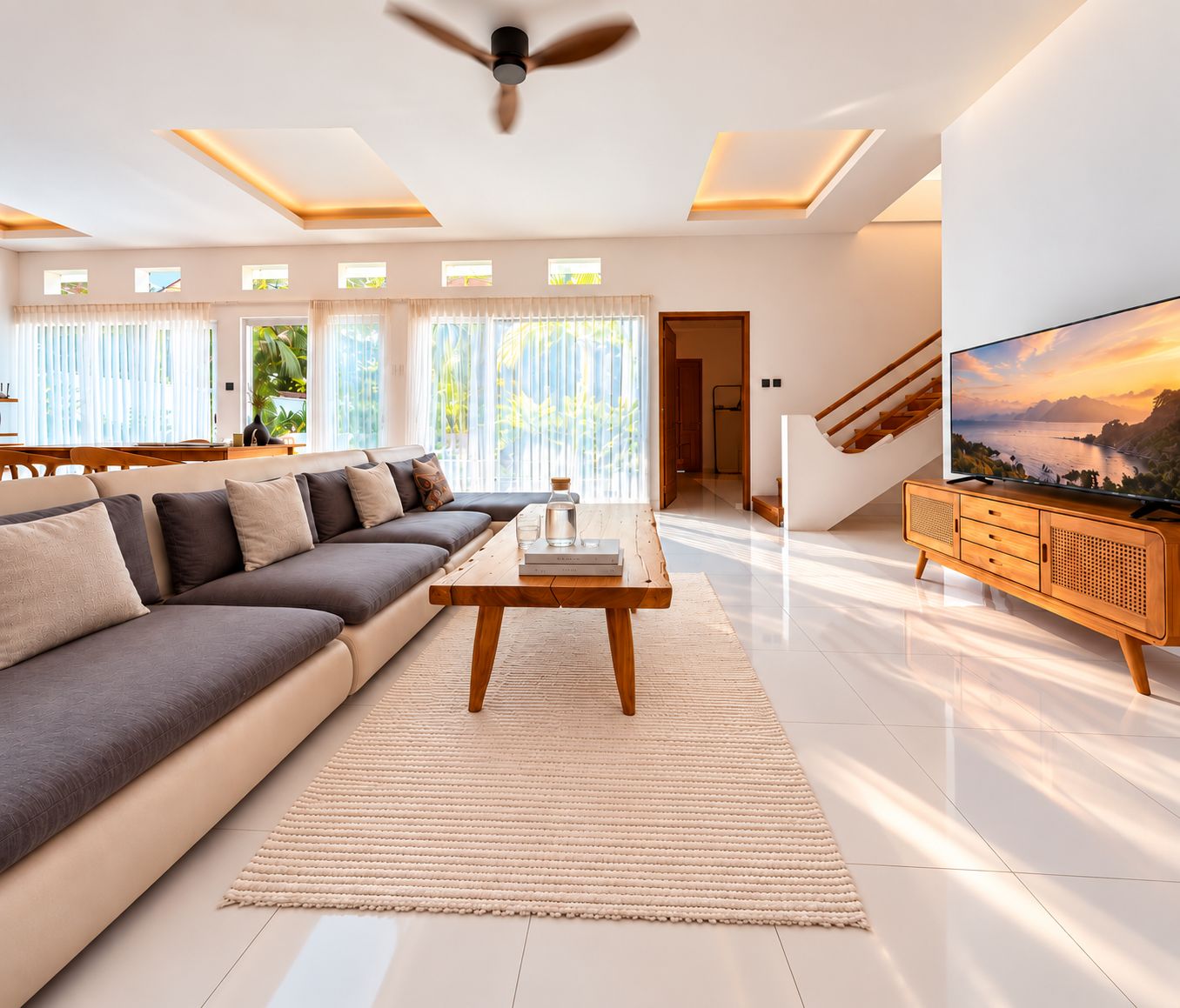 A modern living room with a sofa, coffee table, TV, and a staircase.