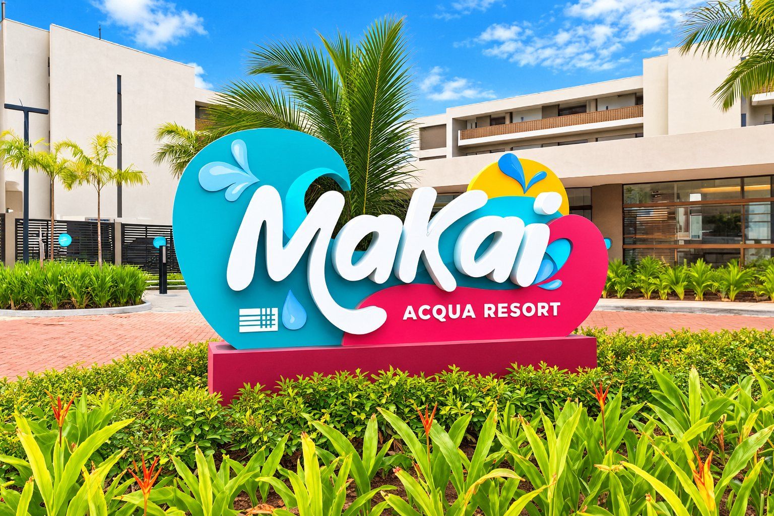 Señal para el Resort Makai Acqua, con un edificio moderno al fondo.