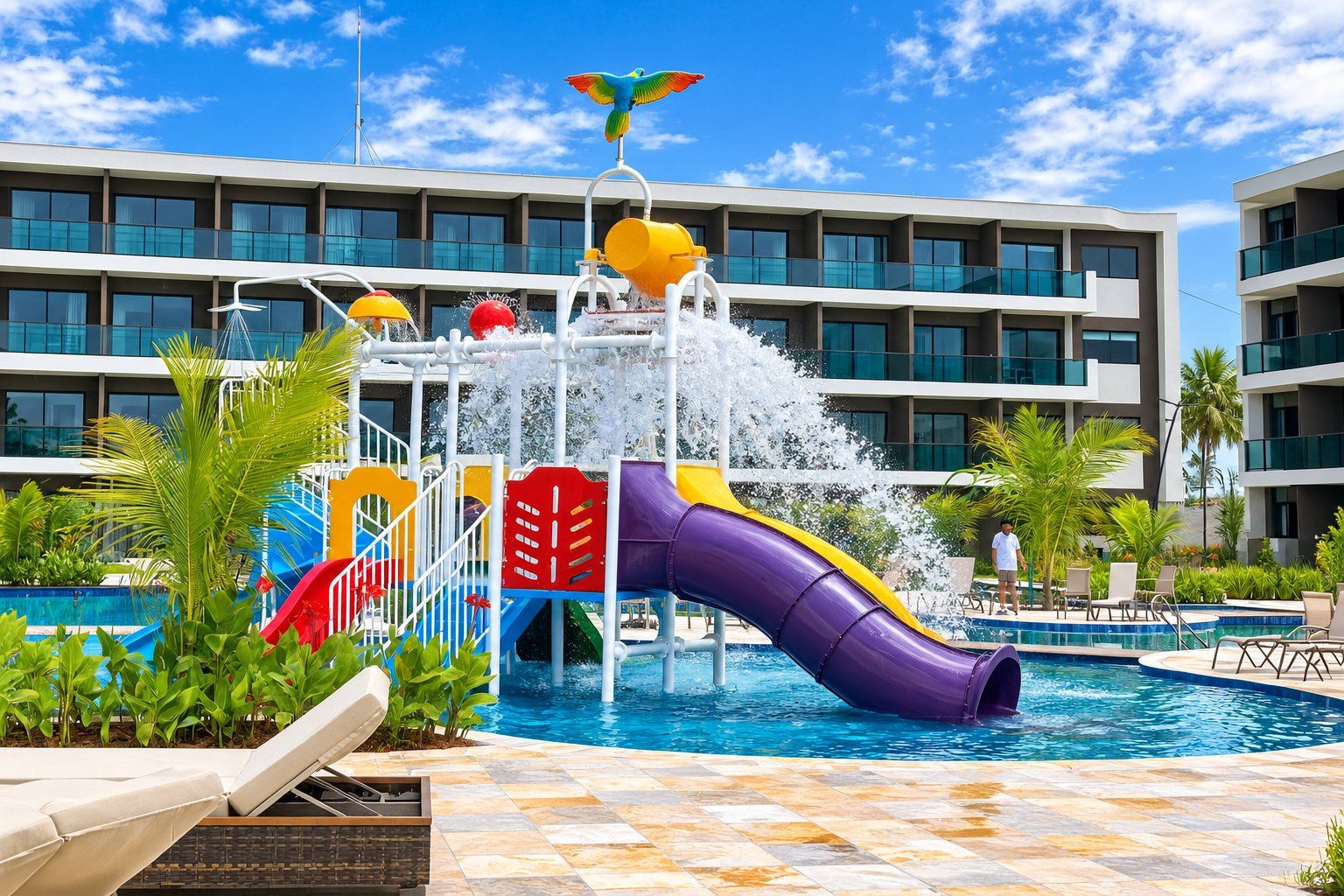 Zona de piscina hotelera con una estructura de juegos acuáticos, que incluye un tobogán y chorros de agua, rodeada de palmeras y sillas de descanso.