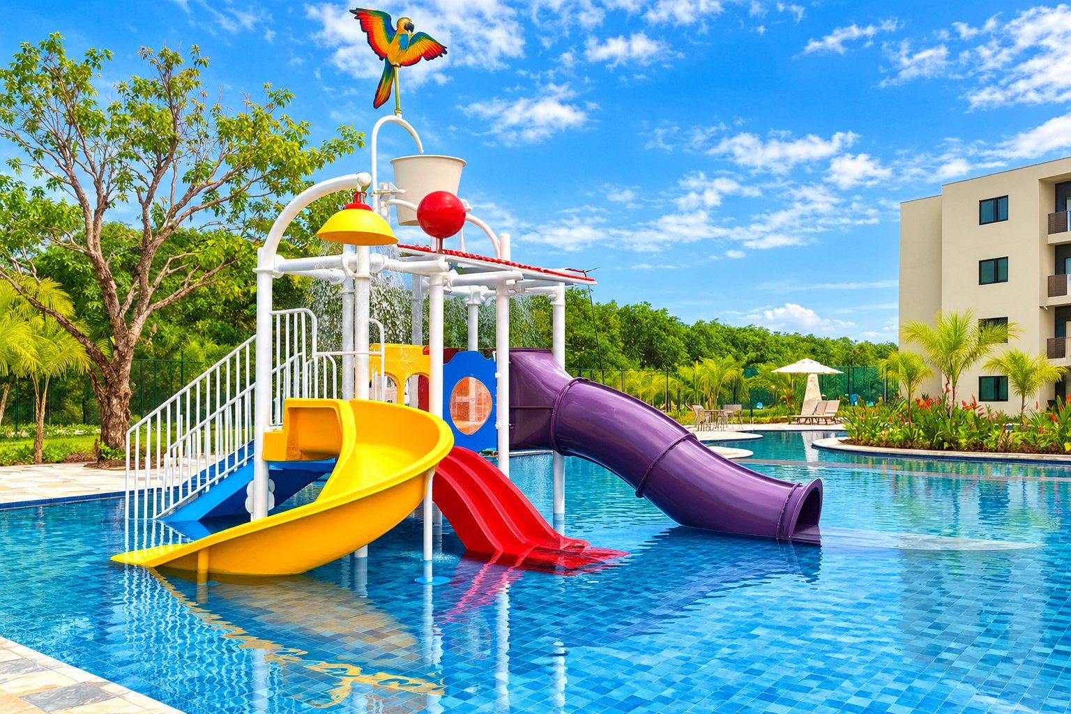 A pool area with a water slide, a bird sculpture, and a building in the background.