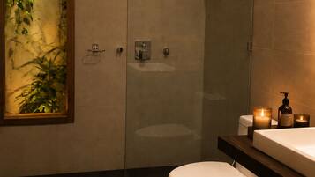 Un baño moderno con cabina de ducha de vidrio, inodoro, lavamanos con tocador y una planta decorativa.