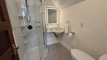A bathroom with a glass-enclosed shower, a sink, a toilet, and a mirror.