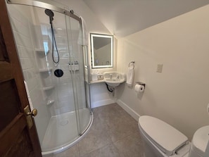 A bathroom with a glass-enclosed shower, a sink, a toilet, and a mirror.