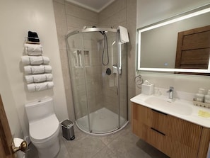 Un bany amb una cabina de dutxa de vidre, un vàter, un lavabo amb mirall i un para-tovalloles amb tovalloles plegades.