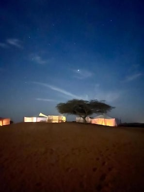 A desert landscape at night with a tree and illuminated tents. - Camp Rêve de Nomade (Lompoul)
