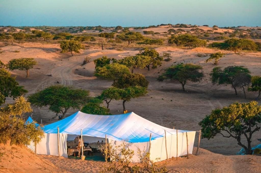 A desert campsite with tents and sparse vegetation.