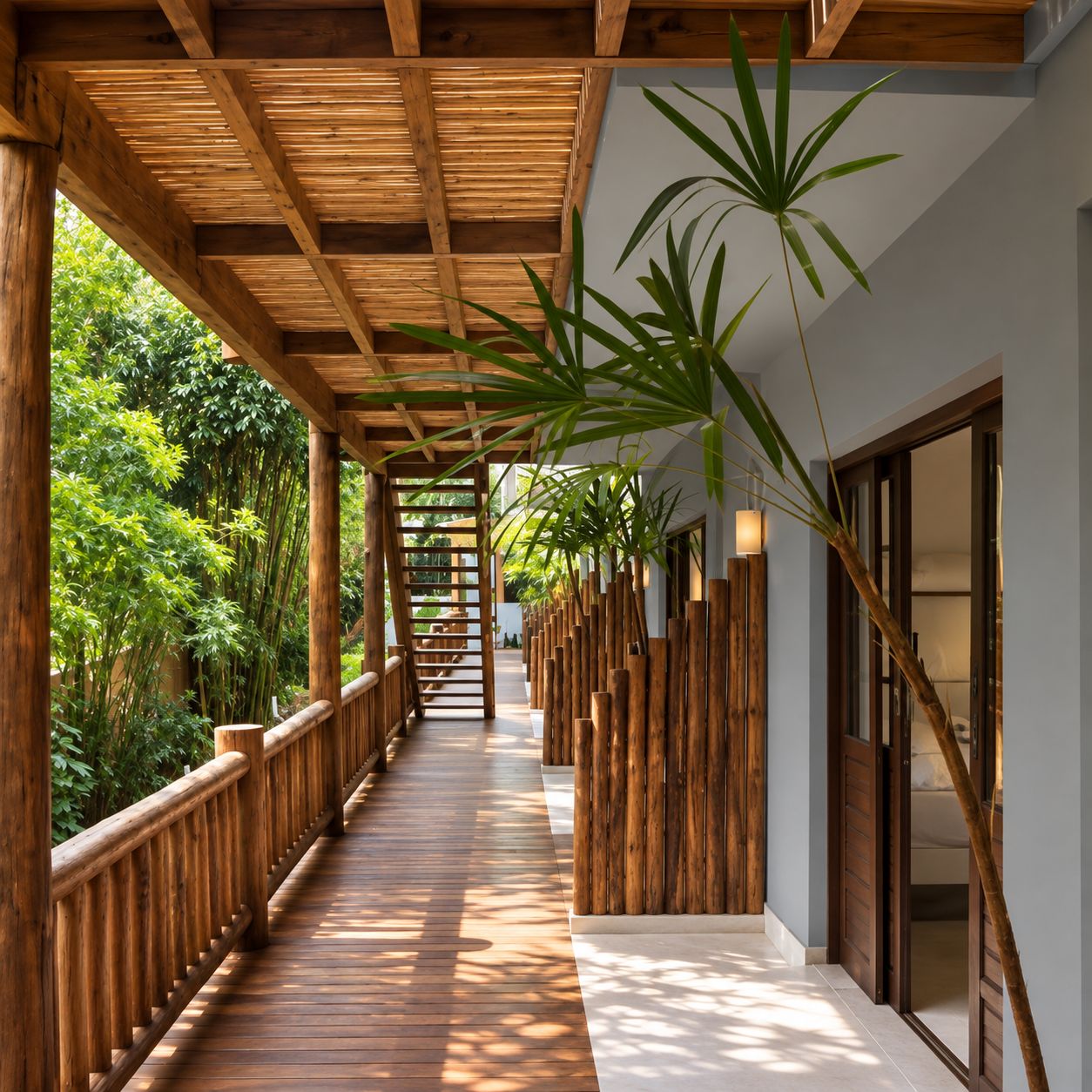 Une terrasse en bois dotée d’une rambarde, qui mène à l’entrée d’un bâtiment.