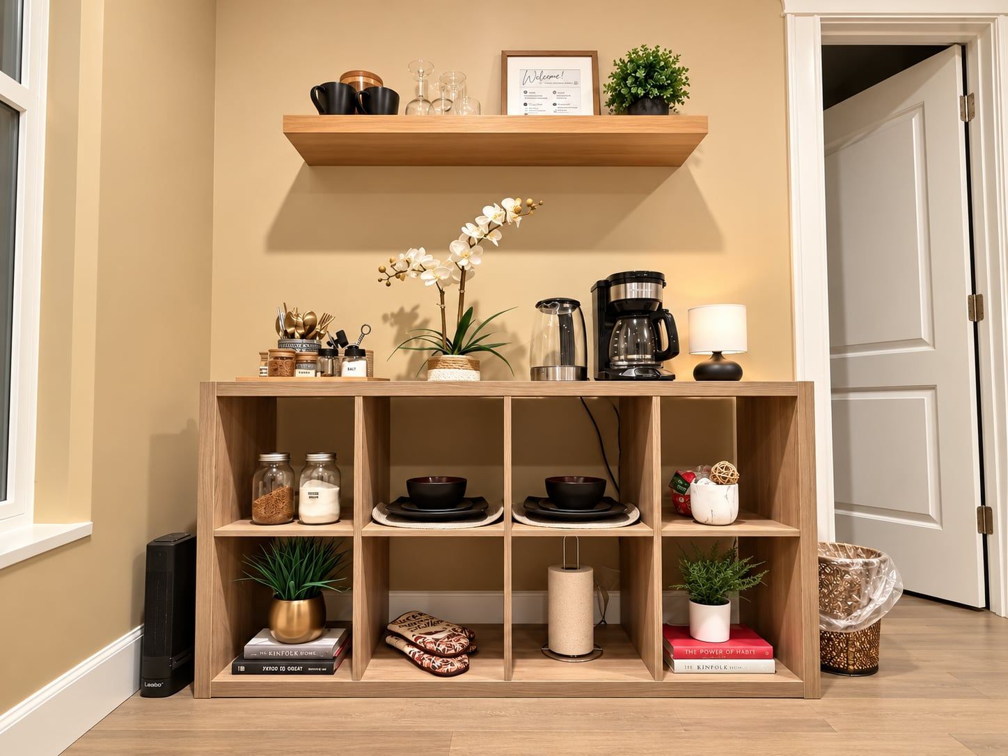 A wooden shelf unit with kitchenware, a coffee maker, and a welcome sign.