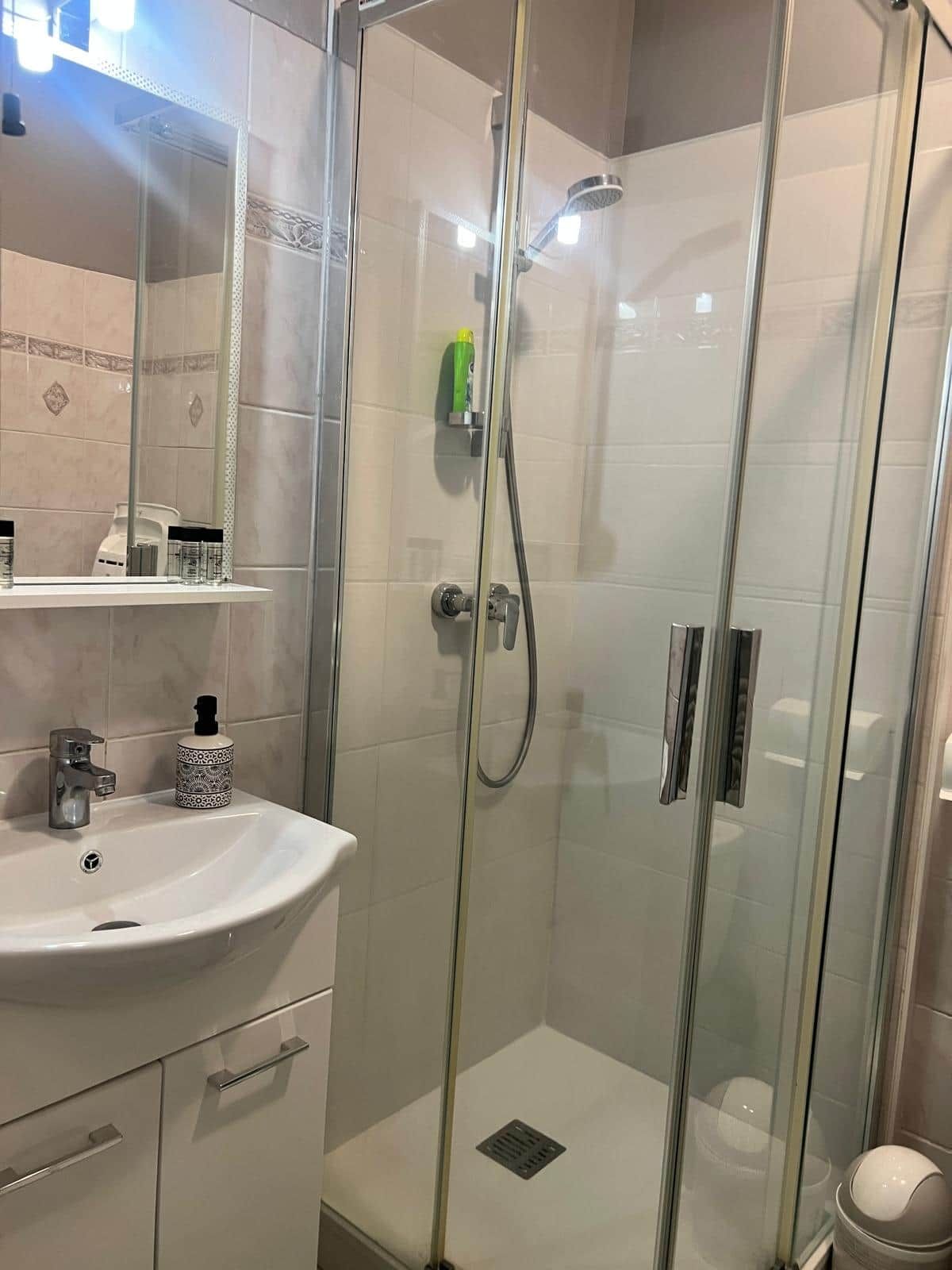 Een moderne badkamer met een douche met glazen wand, een witte wastafel met zeepdispenser en een spiegel boven de wastafel.