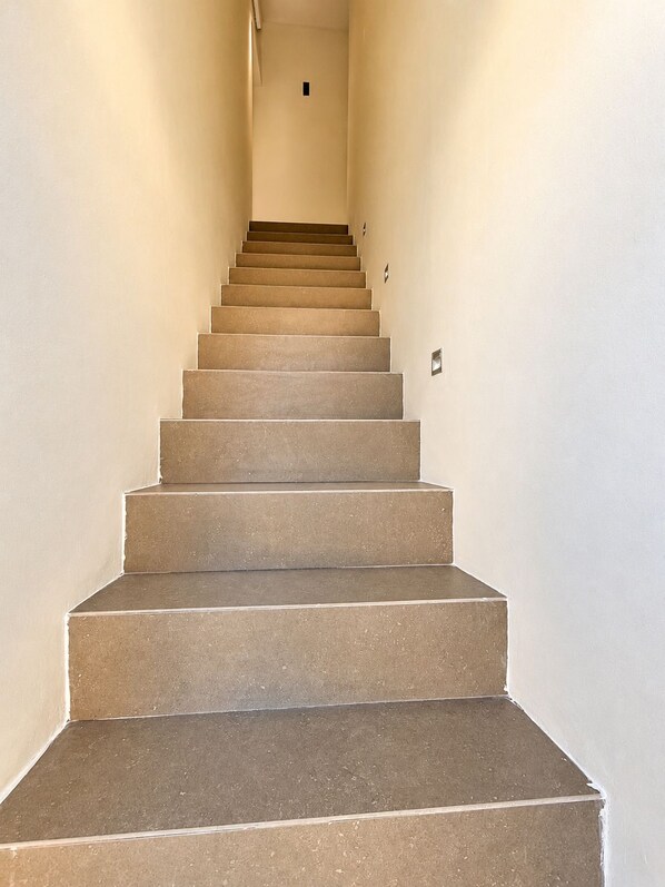 Eine Treppe mit Handlauf, die zu einer Aussichtsplattform führt.