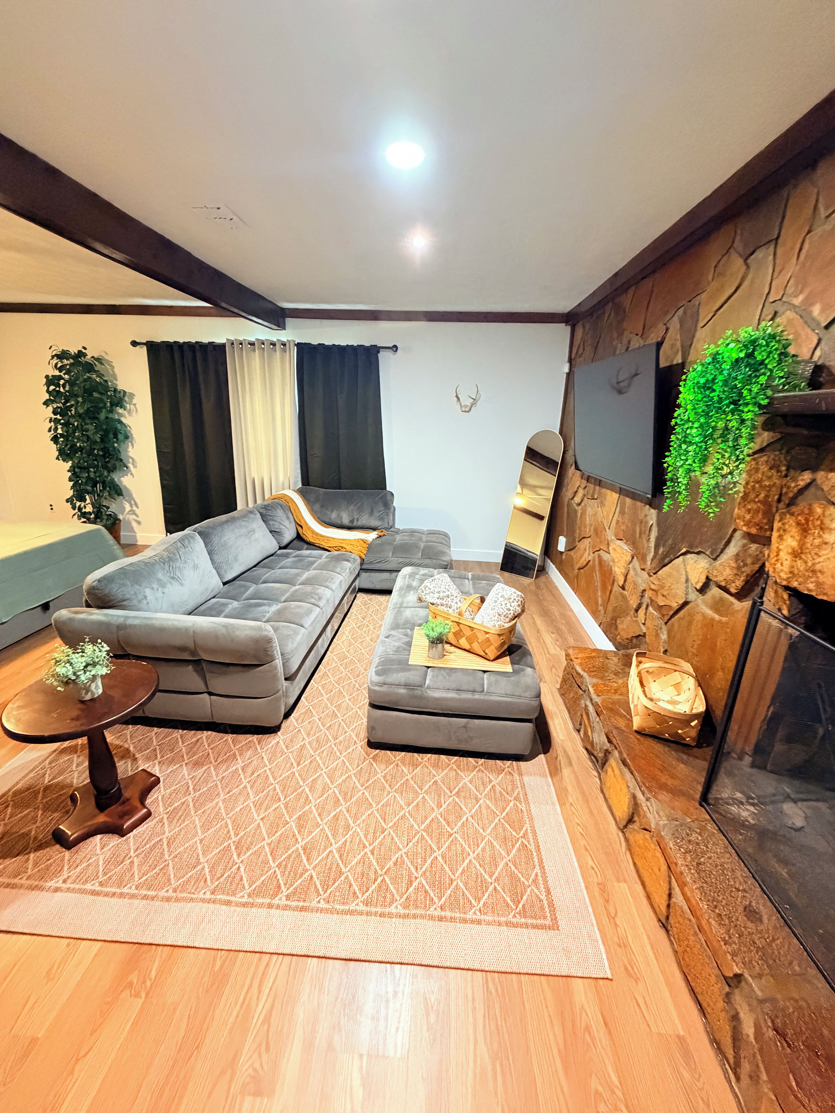 A modern living room with a sectional sofa, ottoman, and a small table with a plant.