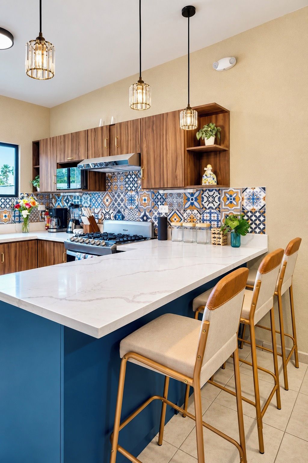 A modern kitchen with a central island, bar stools, wooden cabinets, and patterned backsplash.
