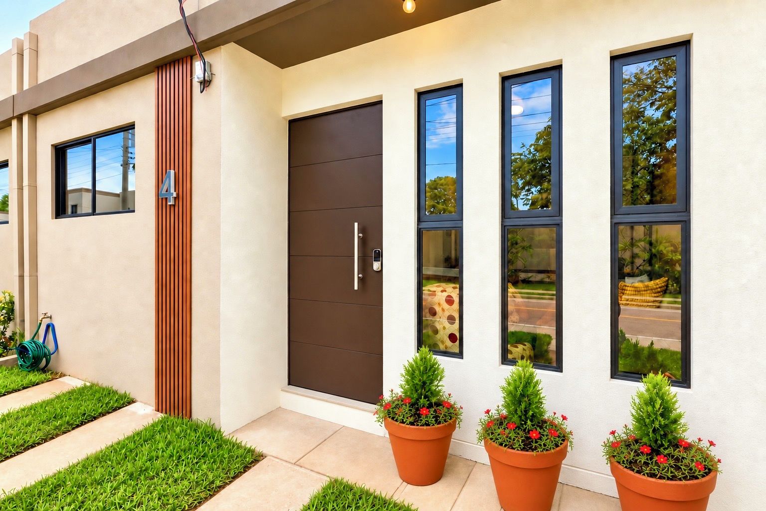 Une maison moderne avec une porte d’entrée sombre, trois fenêtres et des plantes en pot.