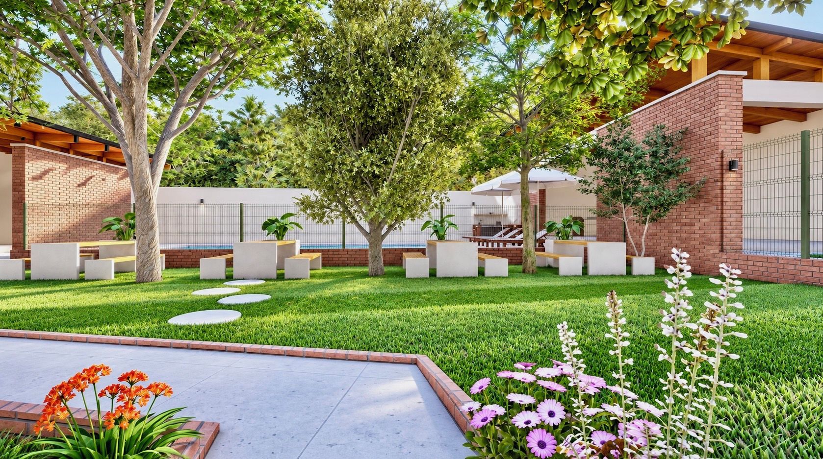 Un jardin aménagé avec des allées pavées, des espaces de repos et une grande variété de plantes et de fleurs.