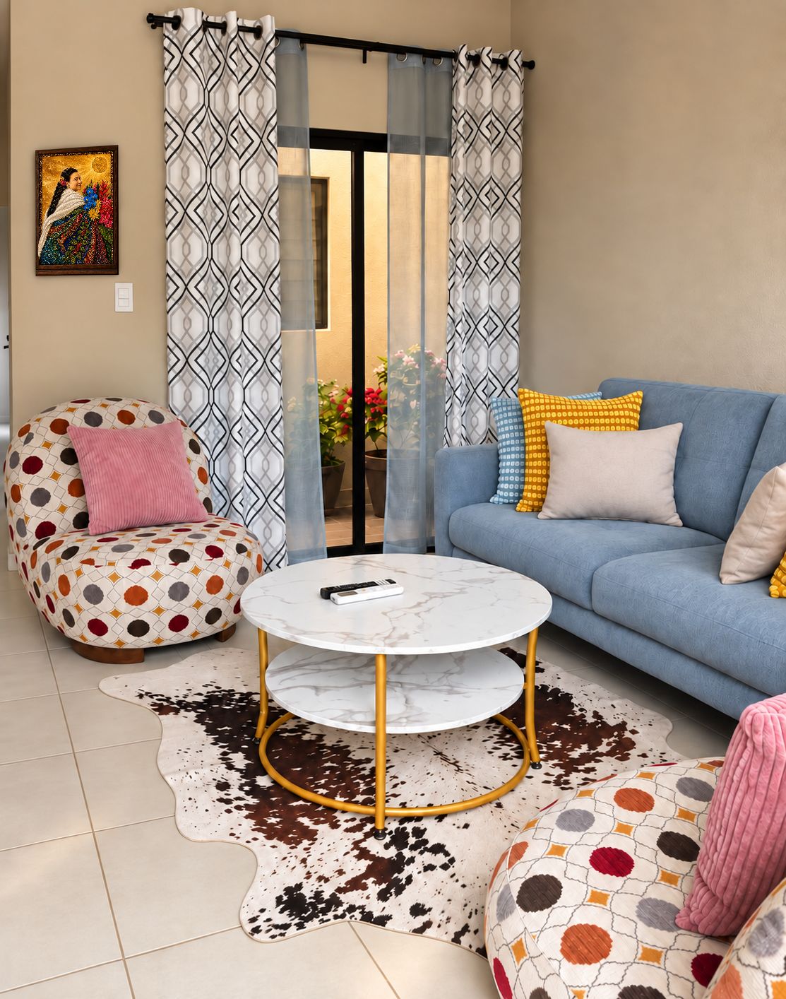 A living room with a round coffee table, a blue sofa, a patterned armchair, and a cowhide rug.