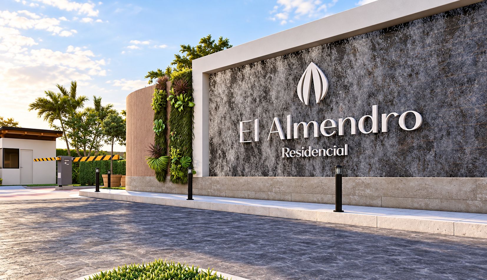 Un bâtiment moderne avec une grande enseigne indiquant « El Alendro Residencial » et un espace d’entrée aménagé avec des éléments paysagers.