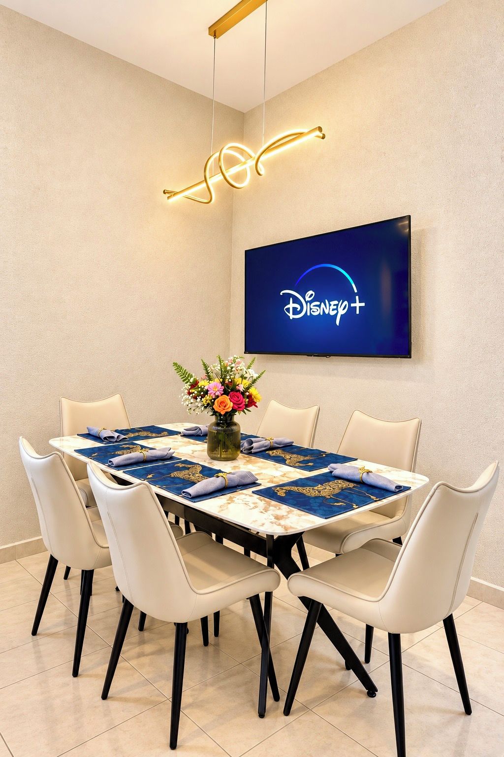 A dining area with a table set for six, a flat-screen TV on the wall displaying the Disney+ logo, and a modern light fixture above the table.
