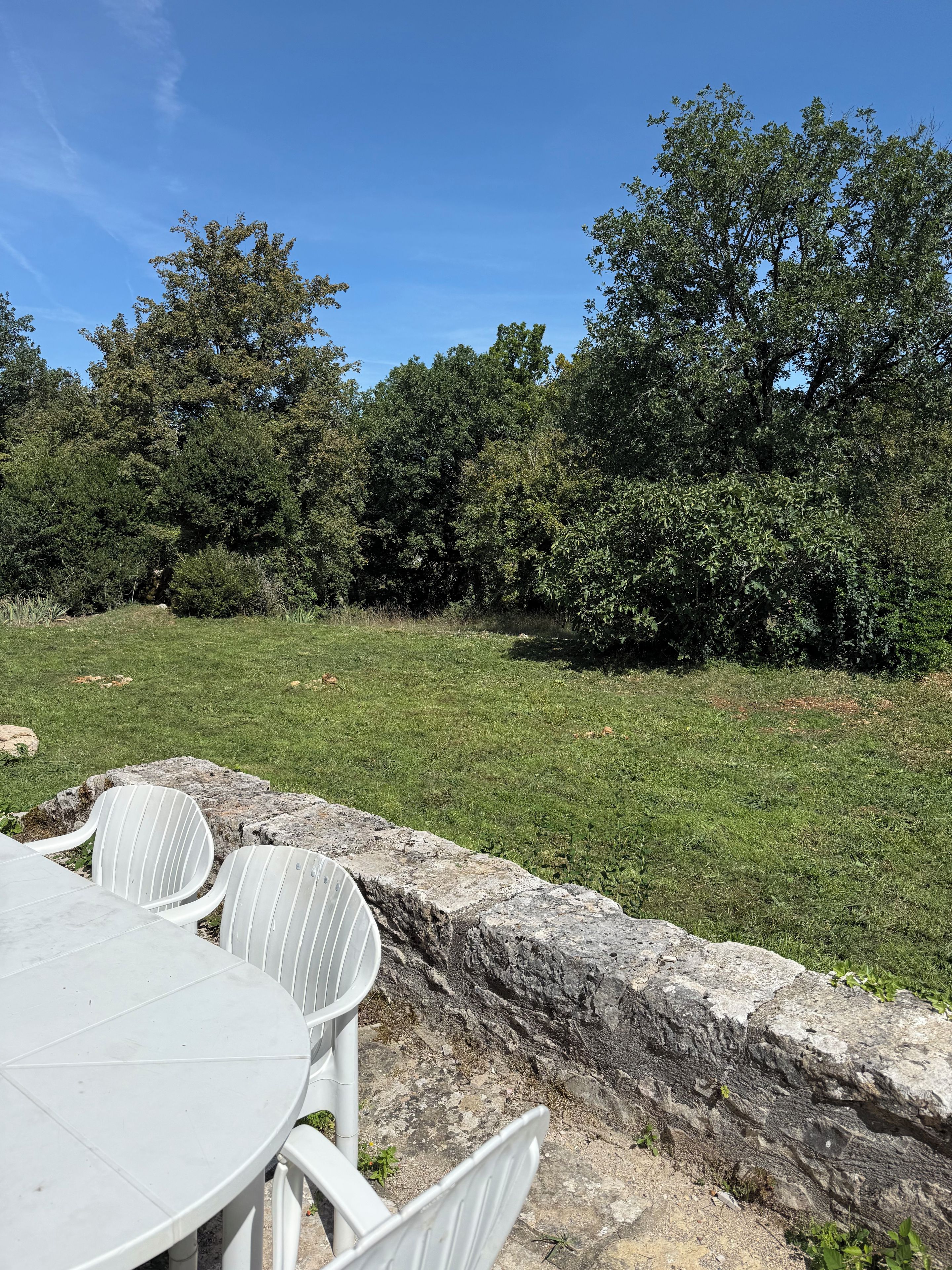 Un espace extérieur aménagé avec une table et des chaises, entouré d’un mur de pierre et d’une pelouse verdoyante, avec des arbres en arrière-plan.