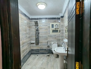 A bathroom with a shower, toilet, and sink. - Gem& pyramids front  (Giza)