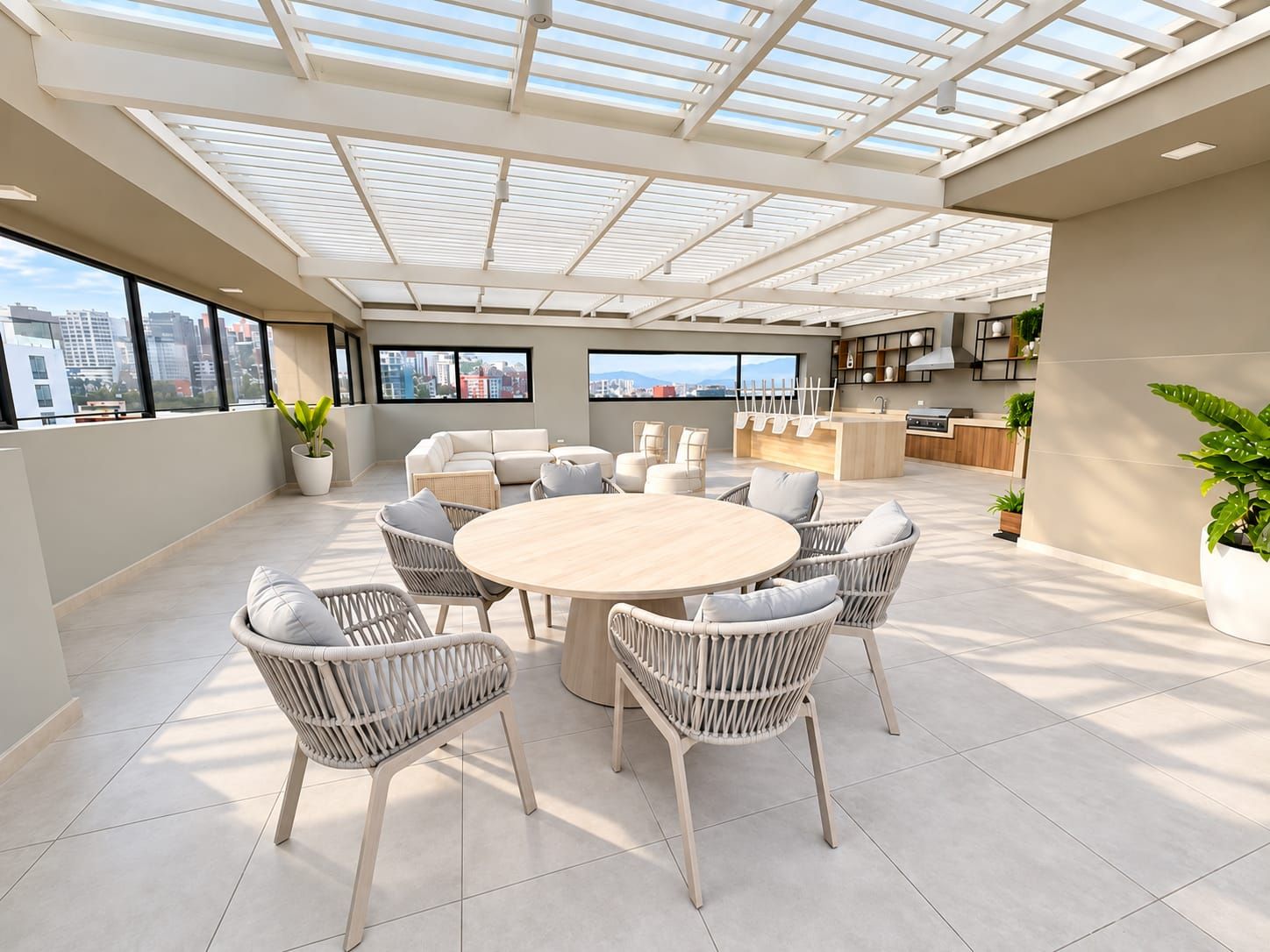 Una terraza amplia en la azotea con una mesa redonda y sillas, una zona de cocina y grandes ventanales con vistas a la ciudad.