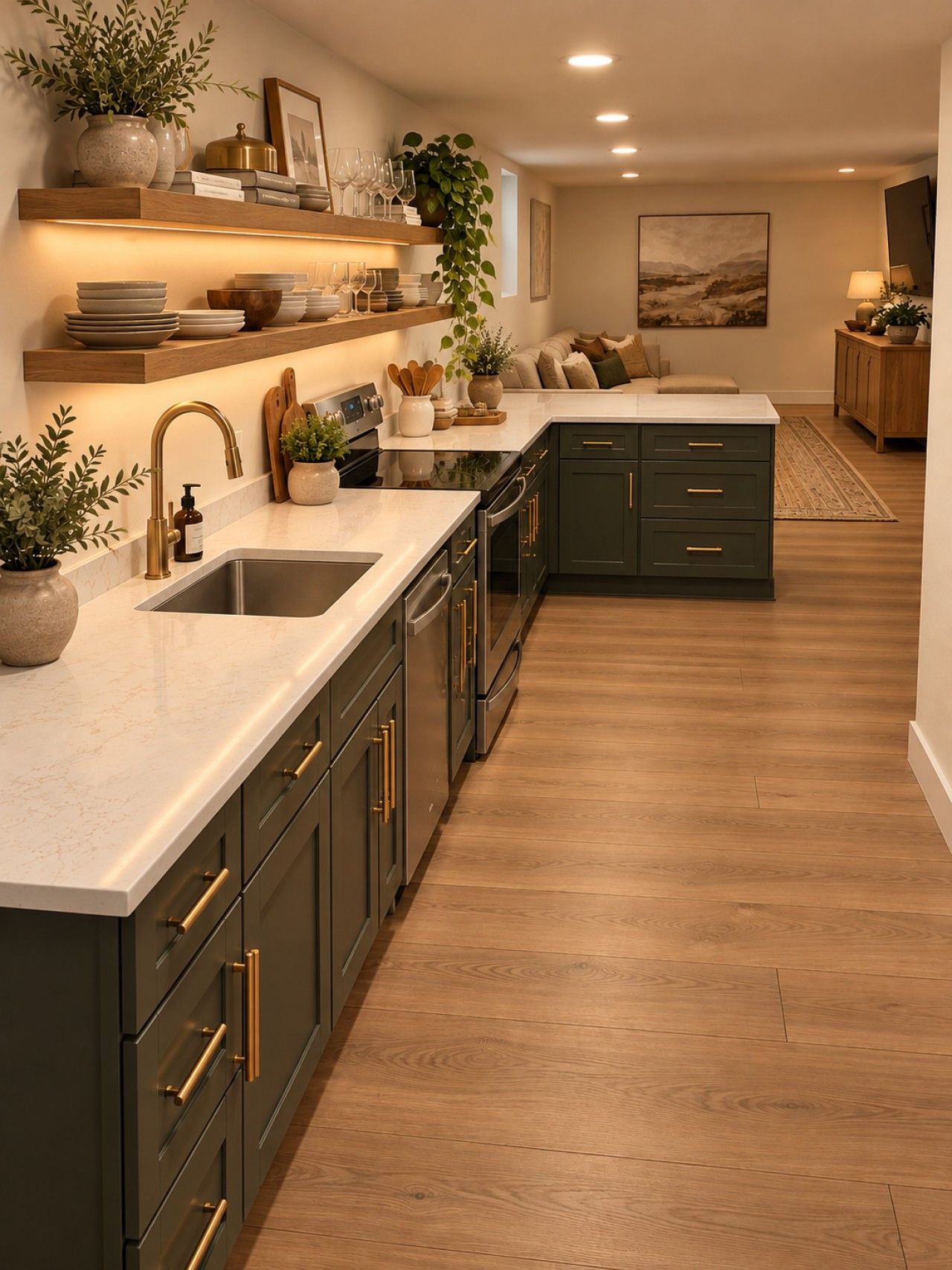 A modern kitchen with dark cabinetry, a marble countertop, and a built-in oven.