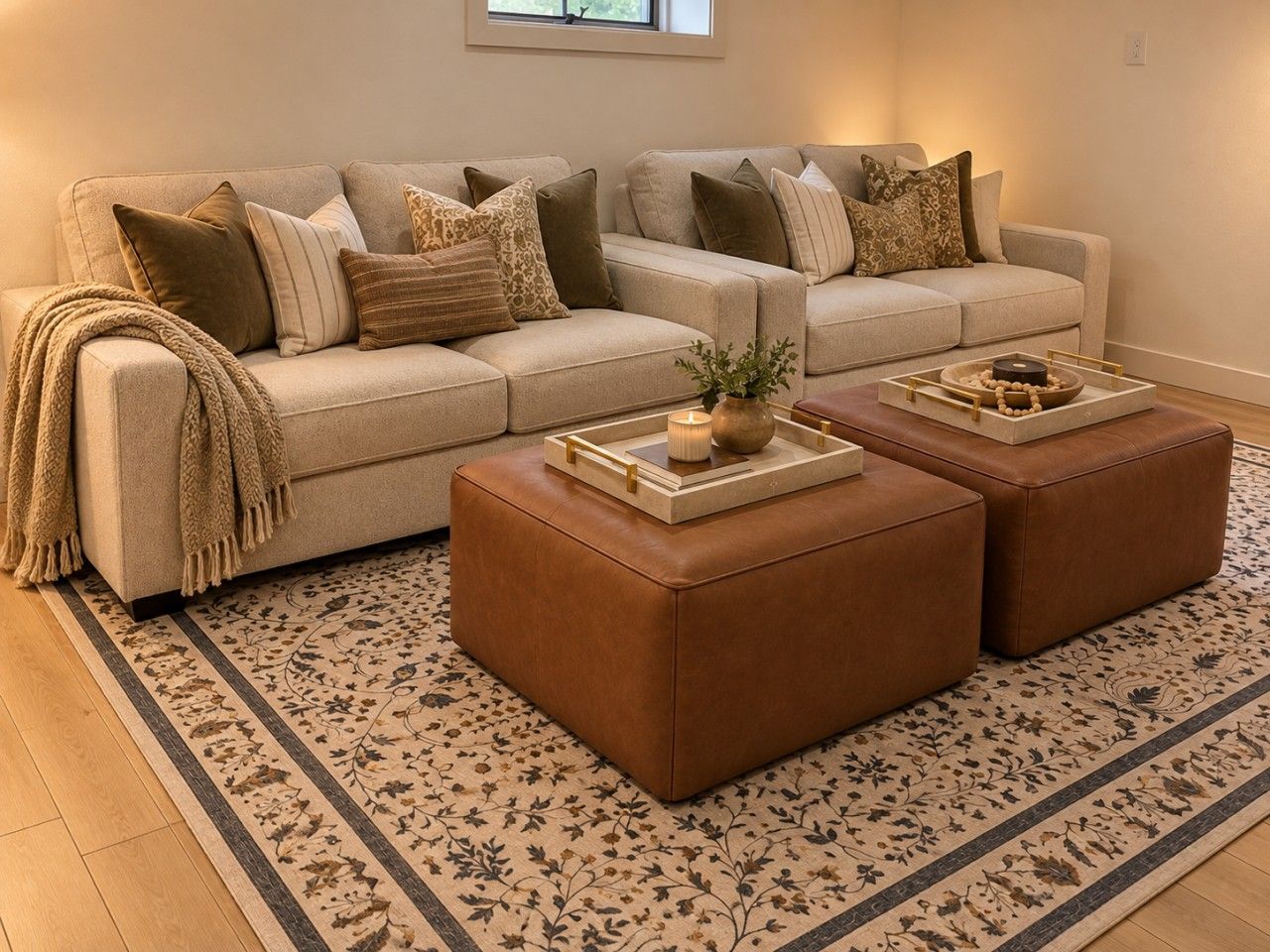 A living room with a beige sofa, two leather ottomans, a patterned rug, and a small table with decorative items.