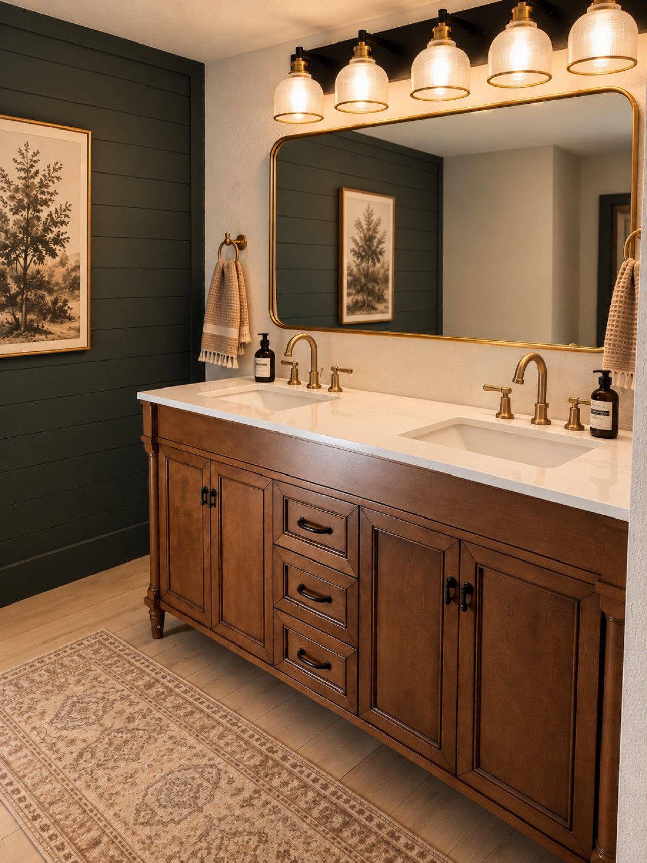 A bathroom with a double vanity, a large mirror, and a wall-mounted light fixture.