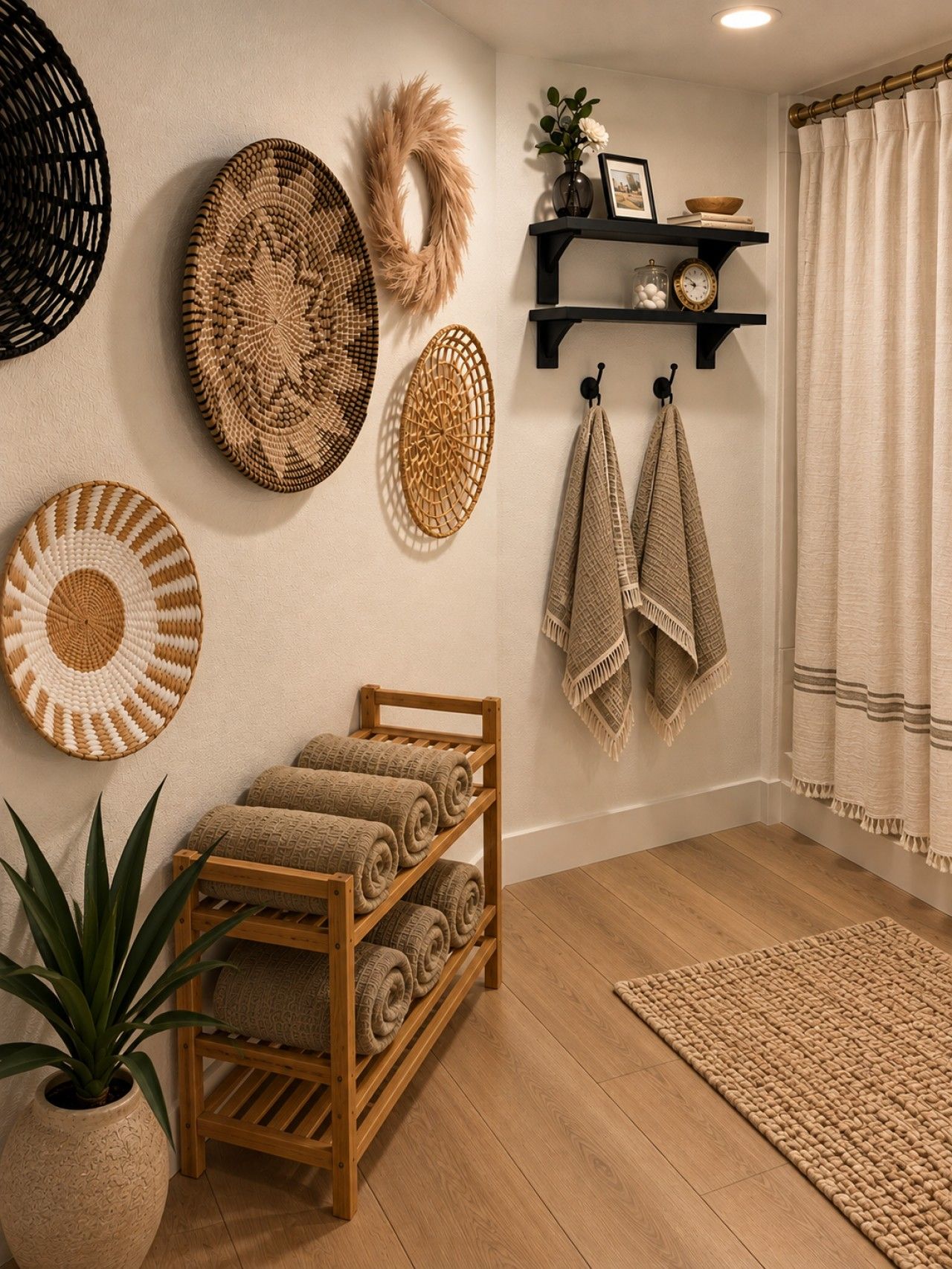 Una habitación con un banco de madera que sostiene toallas enrolladas, un estante de pared con un reloj y objetos decorativos, y una planta en maceta.