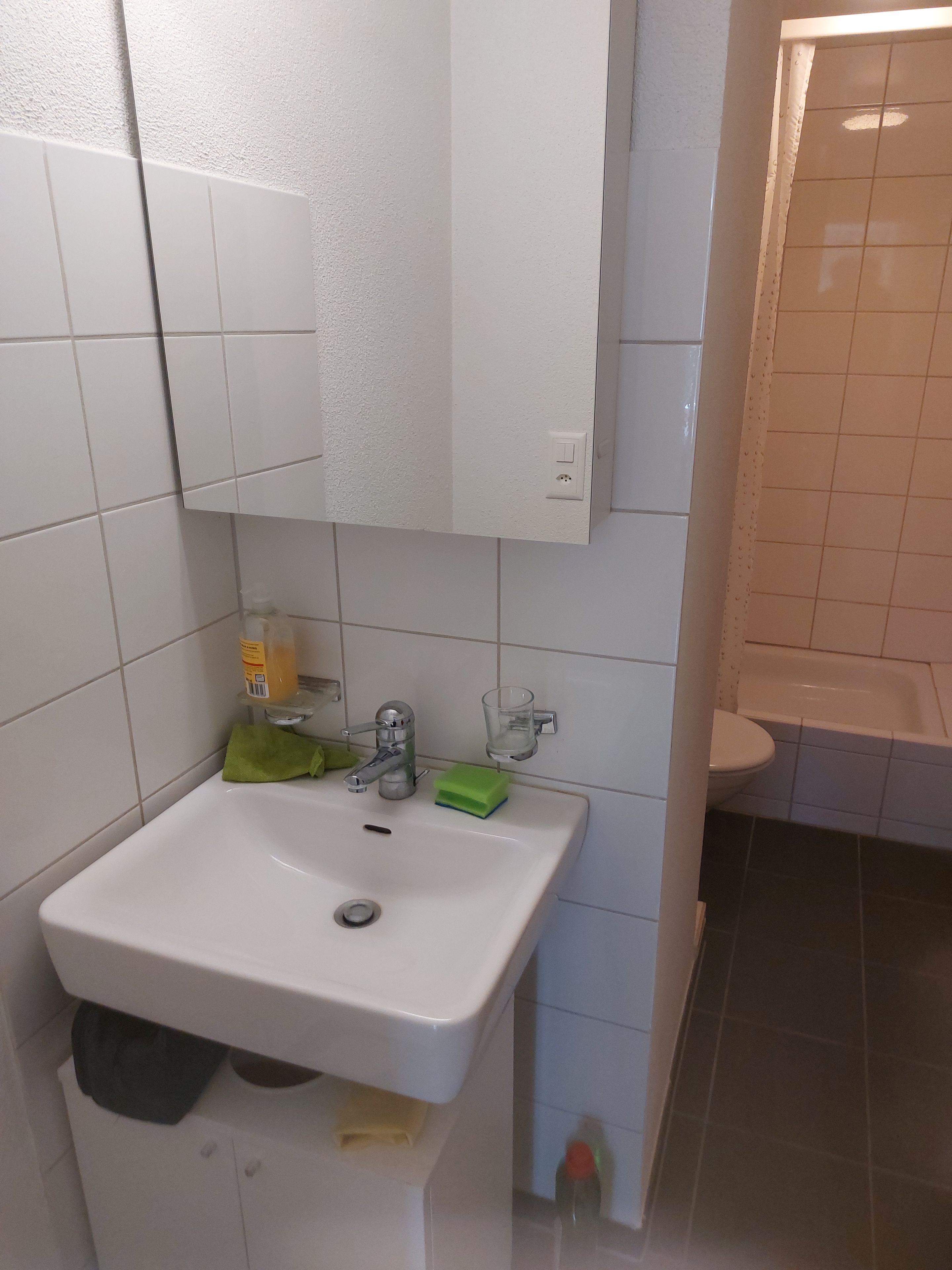 A bathroom with a white sink, a mirror above it, and a toilet to the right.