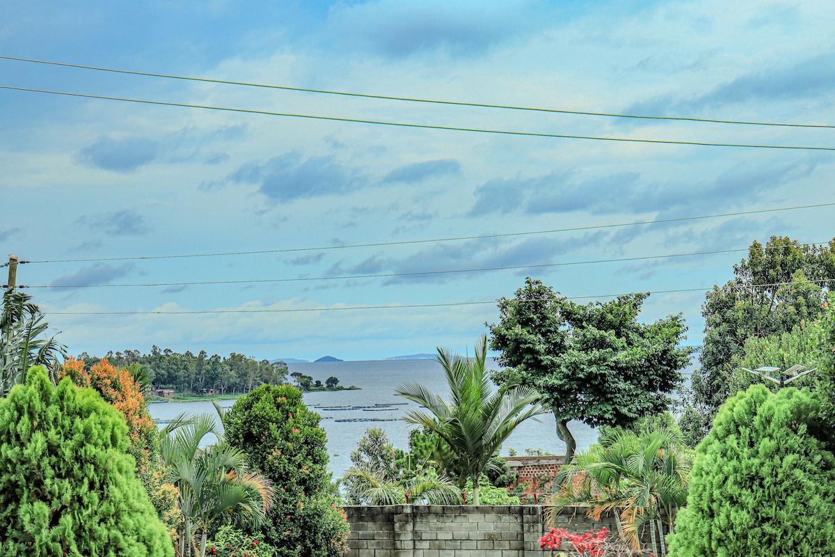 A coastal landscape with a view of the sea, trees, and a clear sky.