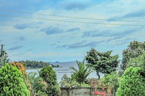 A coastal landscape with a view of the sea, trees, and a clear sky.
