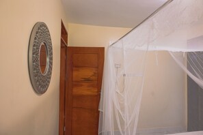 A room with a wooden door, a wall-mounted mirror, and a white mosquito net over a window.