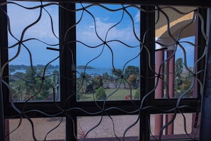 A window with a decorative metal grille.