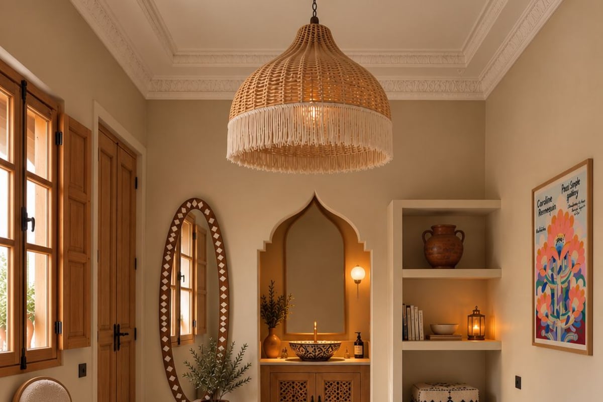 Et værelse med gulv i skakmønster, et stort spejl, en hængende lampe, et træskab og en dekorativ måtte.