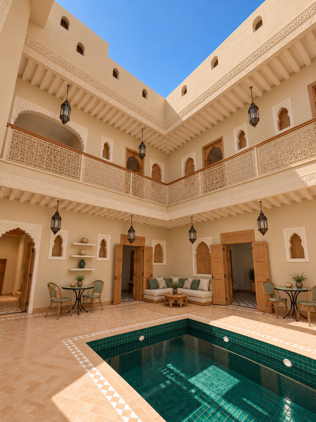 Une cour dotée d’une piscine, d’un espace détente et présentant un style architectural traditionnel.