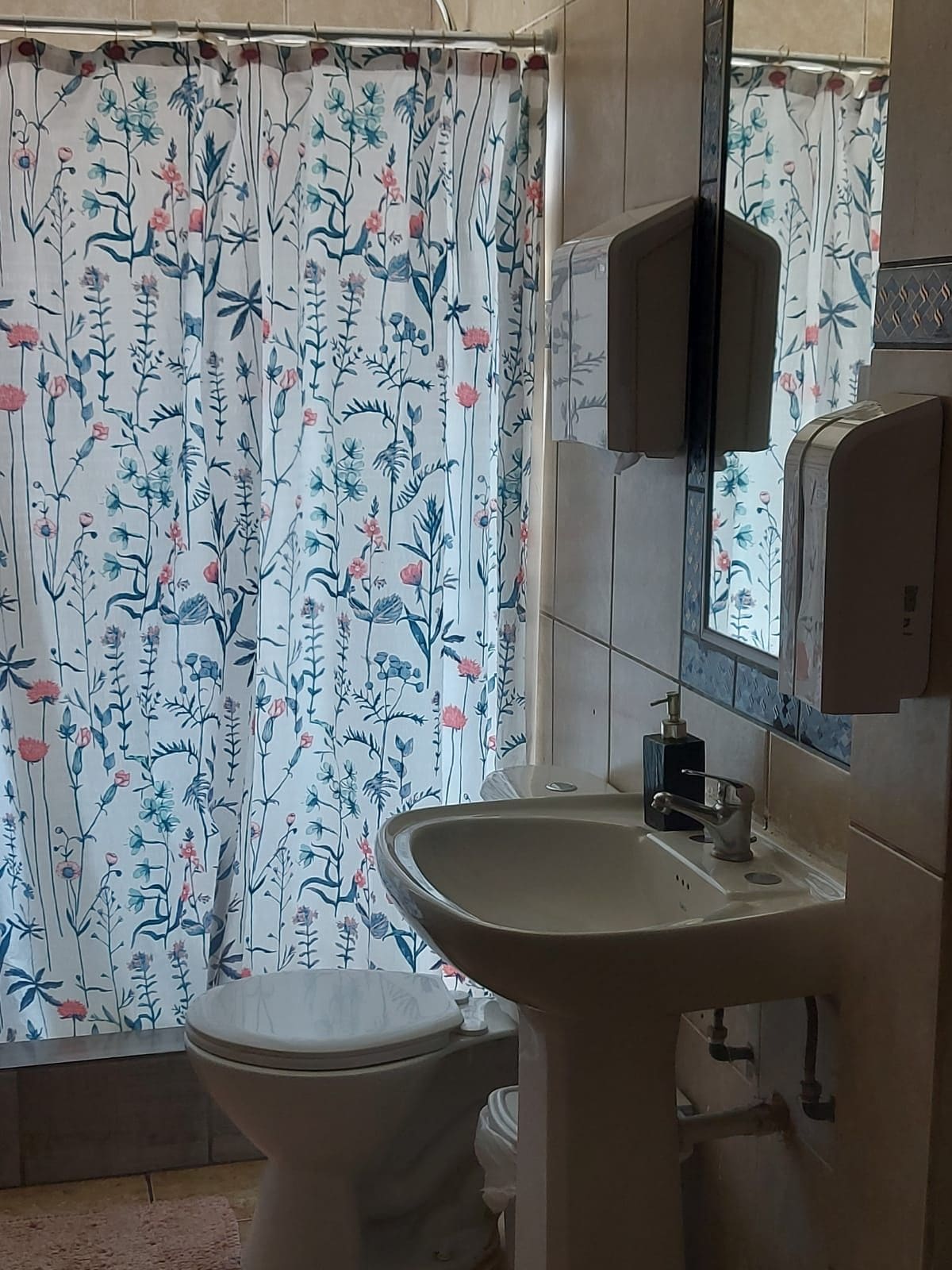 A bathroom with a floral shower curtain, a white toilet, a sink with a mirror above it, and a soap dispenser.