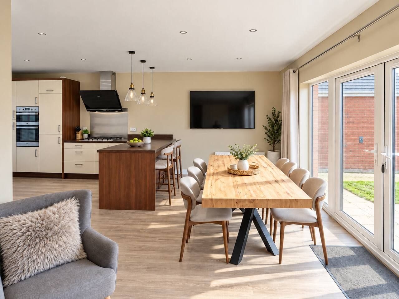 Una cocina moderna con comedor, un televisor de pantalla plana montado en la pared y un amplio ventanal con vistas al exterior.