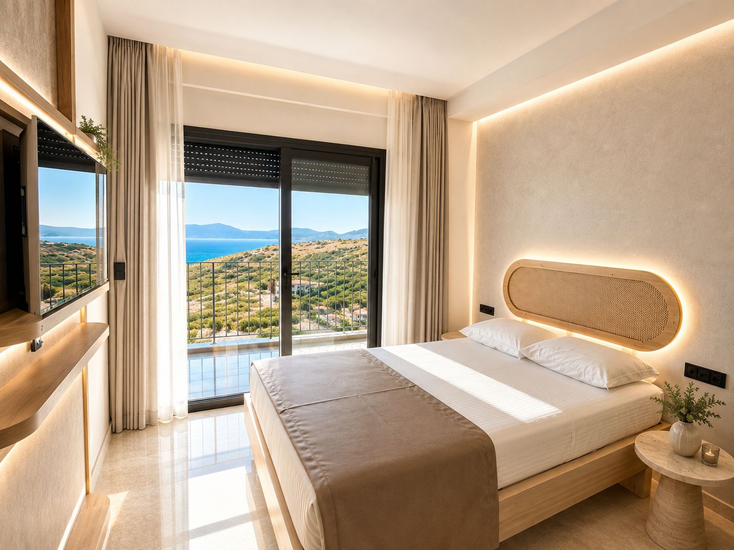 A modern bedroom with a large bed, a television, and a balcony with a view of the landscape.