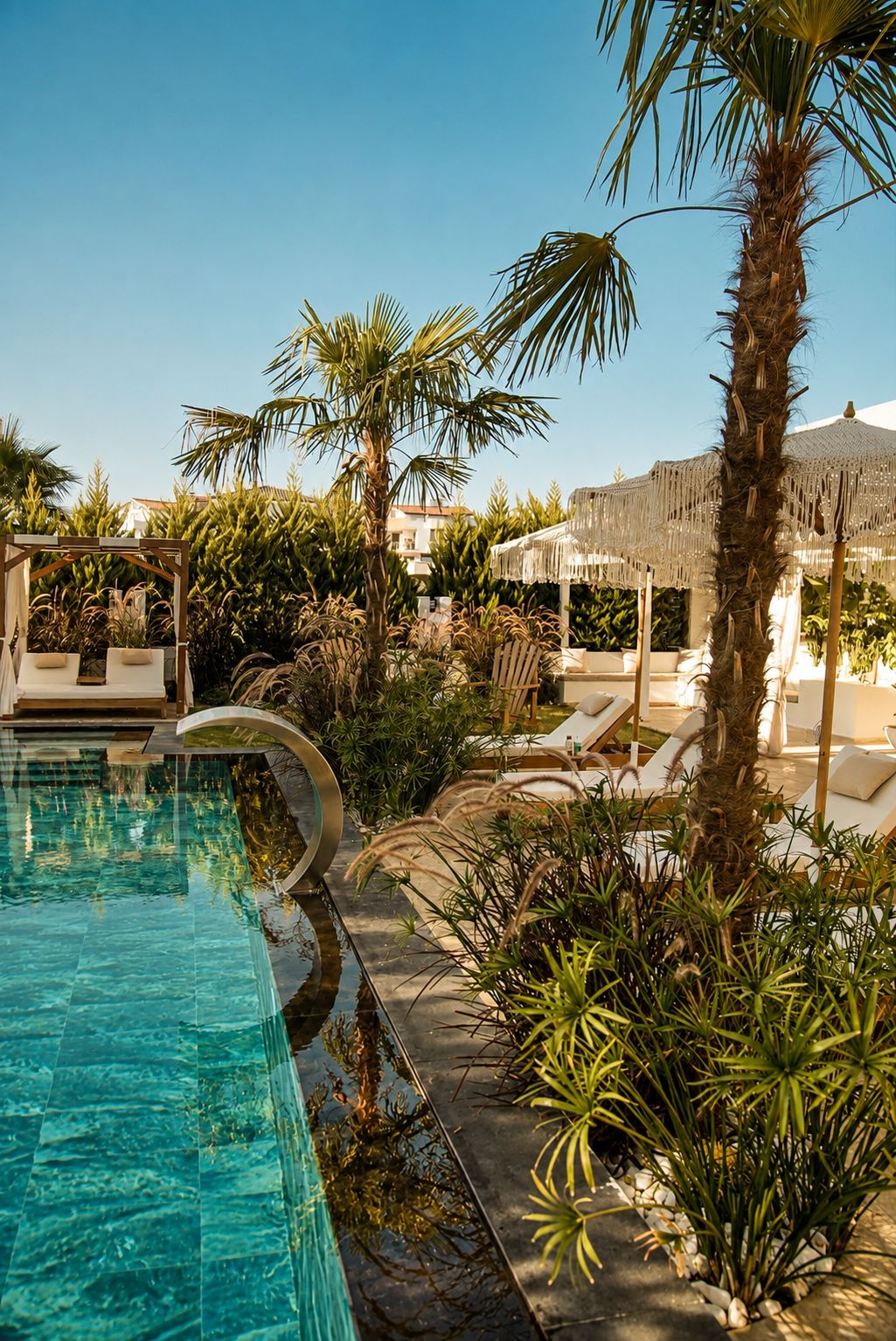 A pool area with lounge chairs, palm trees, and a clear blue sky.