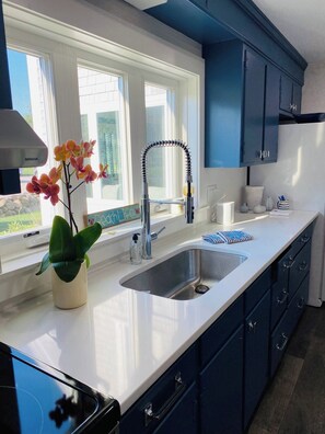 A modern kitchen with a stainless steel sink, blue cabinets, and a window with a view of greenery. - Marion Renovated Home-Outdoor-Walk Tabor-Village (Marion)